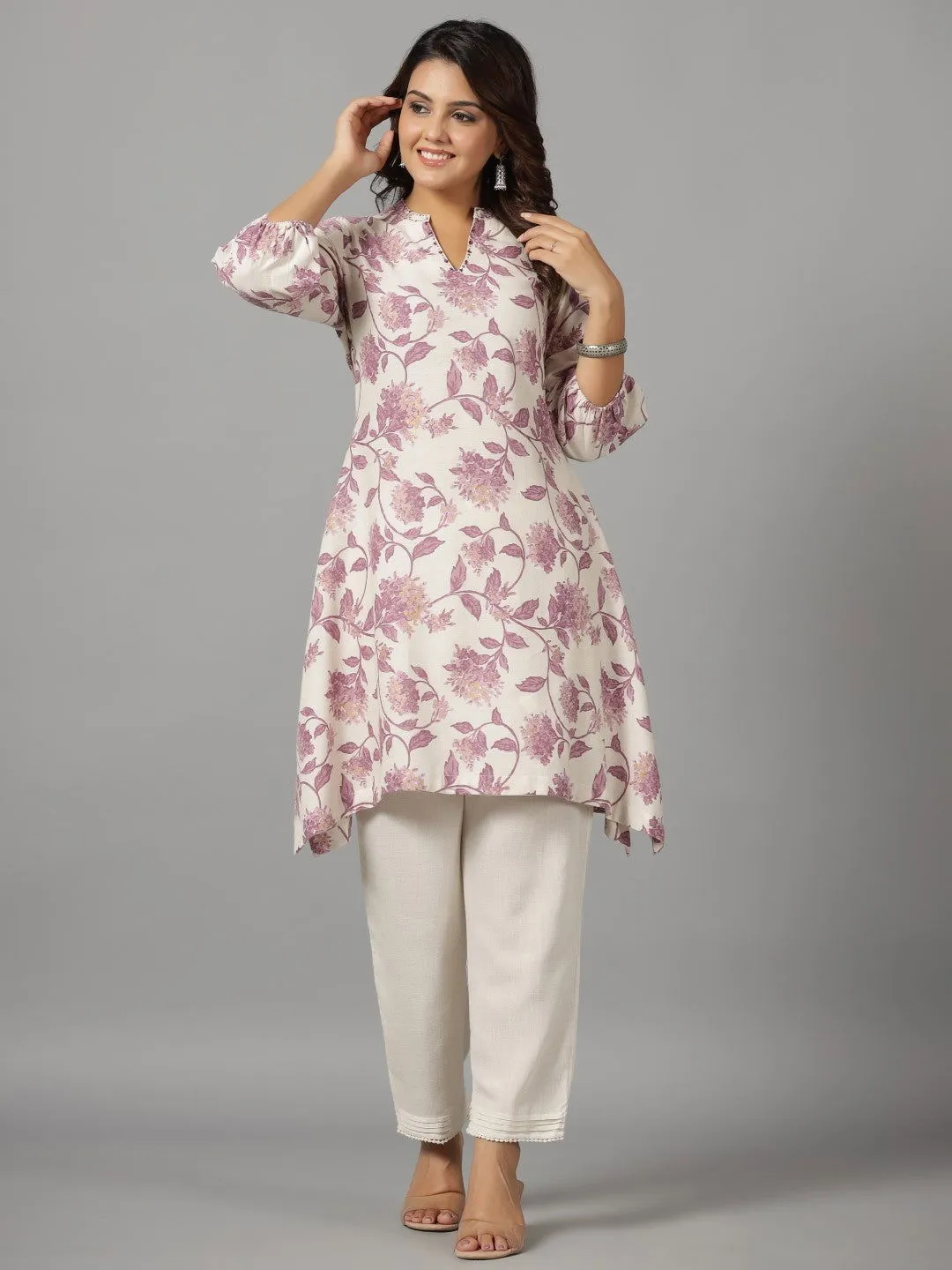 Juniper  Blooms Lavender Floral Printed Cotton Flex Kurta With Beads & Sequins Work