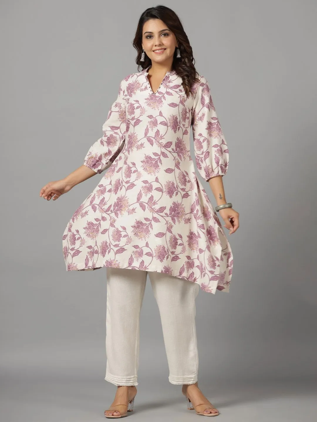 Juniper  Blooms Lavender Floral Printed Cotton Flex Kurta With Beads & Sequins Work