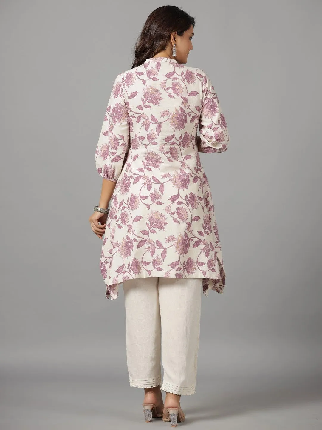 Juniper  Blooms Lavender Floral Printed Cotton Flex Kurta With Beads & Sequins Work