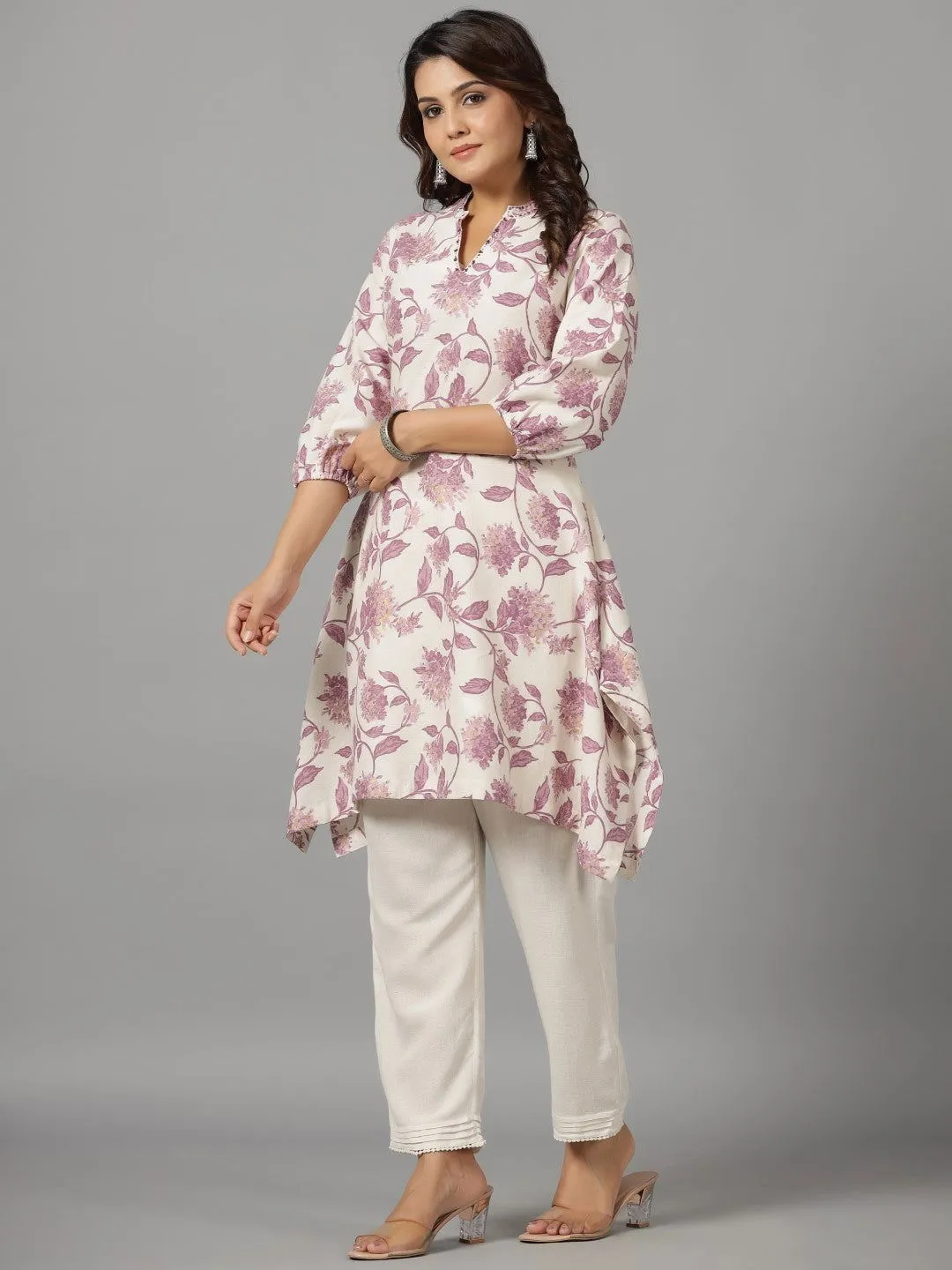 Juniper  Blooms Lavender Floral Printed Cotton Flex Kurta With Beads & Sequins Work