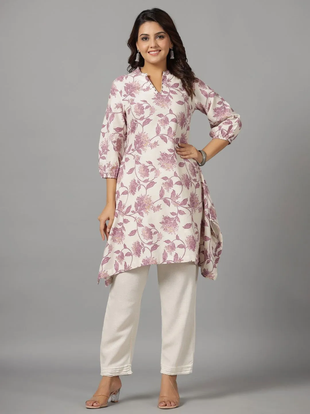 Juniper  Blooms Lavender Floral Printed Cotton Flex Kurta With Beads & Sequins Work