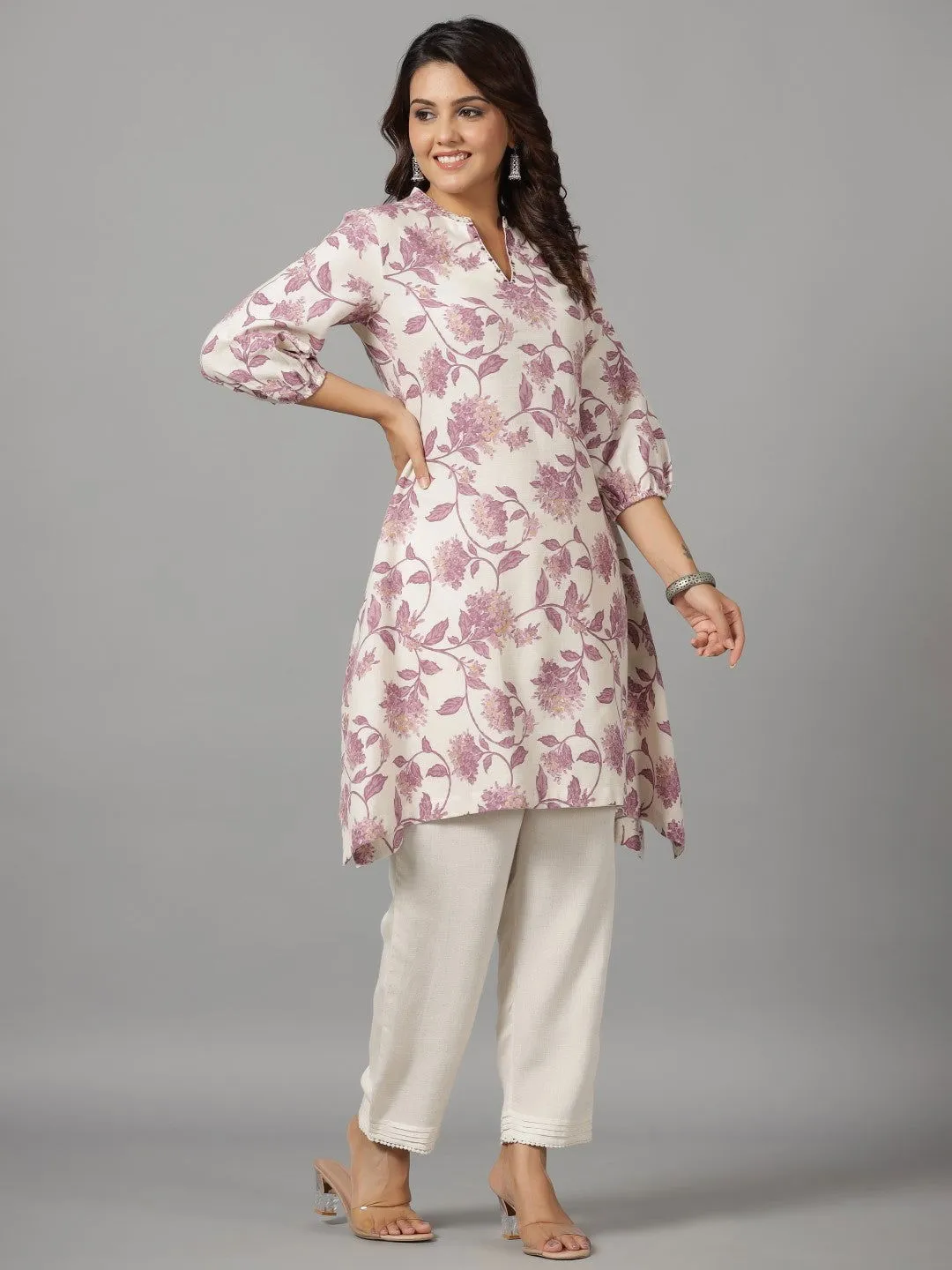 Juniper  Blooms Lavender Floral Printed Cotton Flex Kurta With Beads & Sequins Work