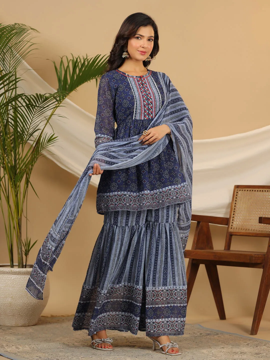 Juniper  Navy Blue Geometric Printed Georgette Gota Kurta Sharara & Dupatta Set With beads & Sequins