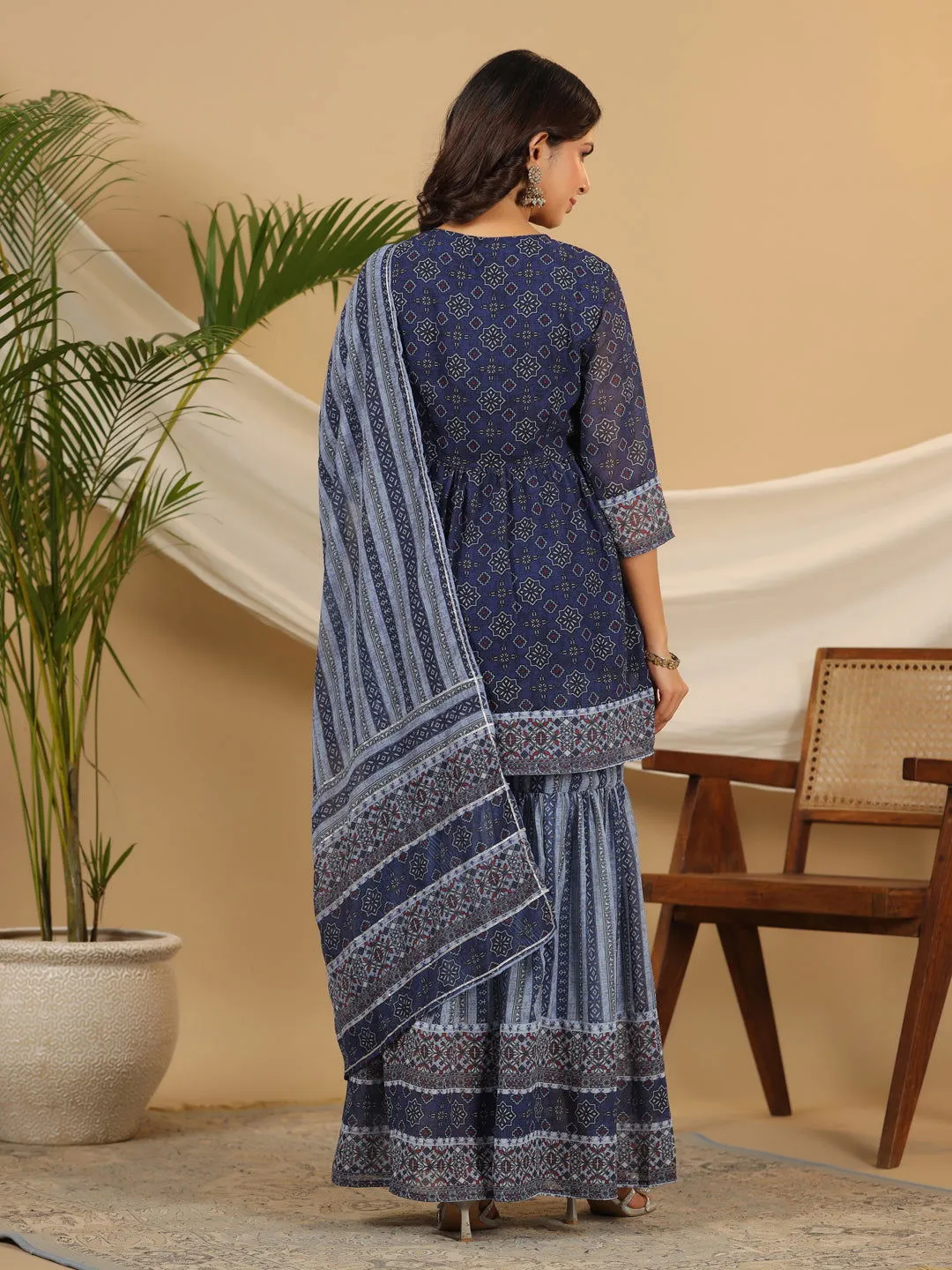 Juniper  Navy Blue Geometric Printed Georgette Gota Kurta Sharara & Dupatta Set With beads & Sequins