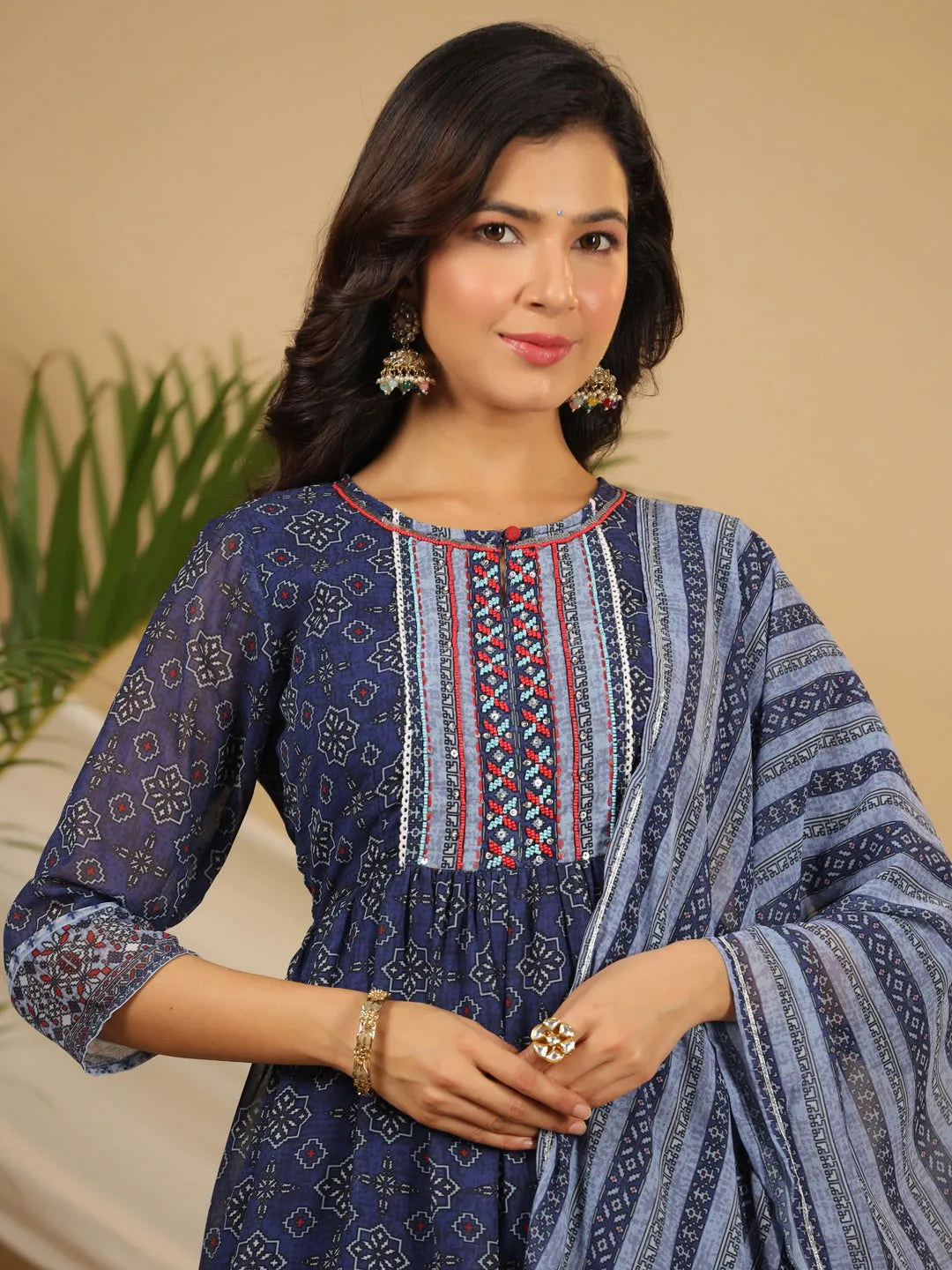 Juniper  Navy Blue Geometric Printed Georgette Gota Kurta Sharara & Dupatta Set With beads & Sequins