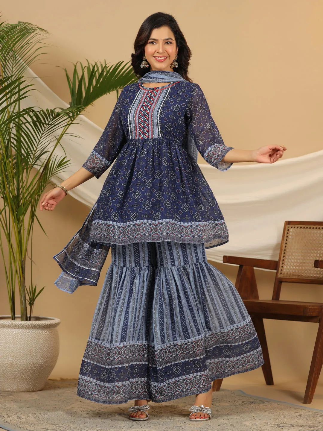 Juniper  Navy Blue Geometric Printed Georgette Gota Kurta Sharara & Dupatta Set With beads & Sequins