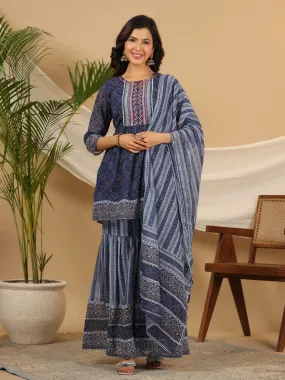 Juniper  Navy Blue Geometric Printed Georgette Gota Kurta Sharara & Dupatta Set With beads & Sequins