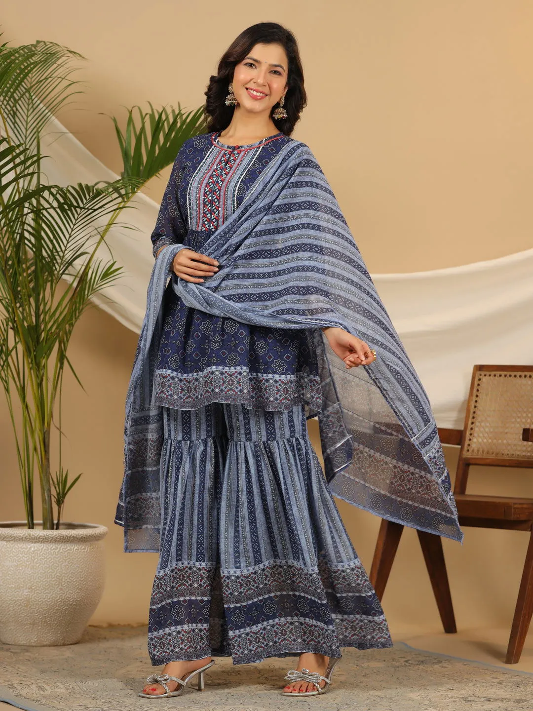 Juniper  Navy Blue Geometric Printed Georgette Gota Kurta Sharara & Dupatta Set With beads & Sequins