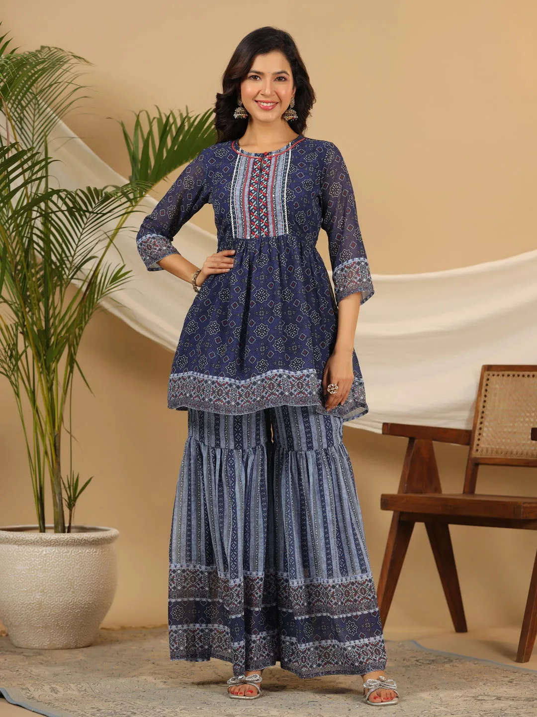 Juniper  Navy Blue Geometric Printed Georgette Gota Kurta Sharara & Dupatta Set With beads & Sequins