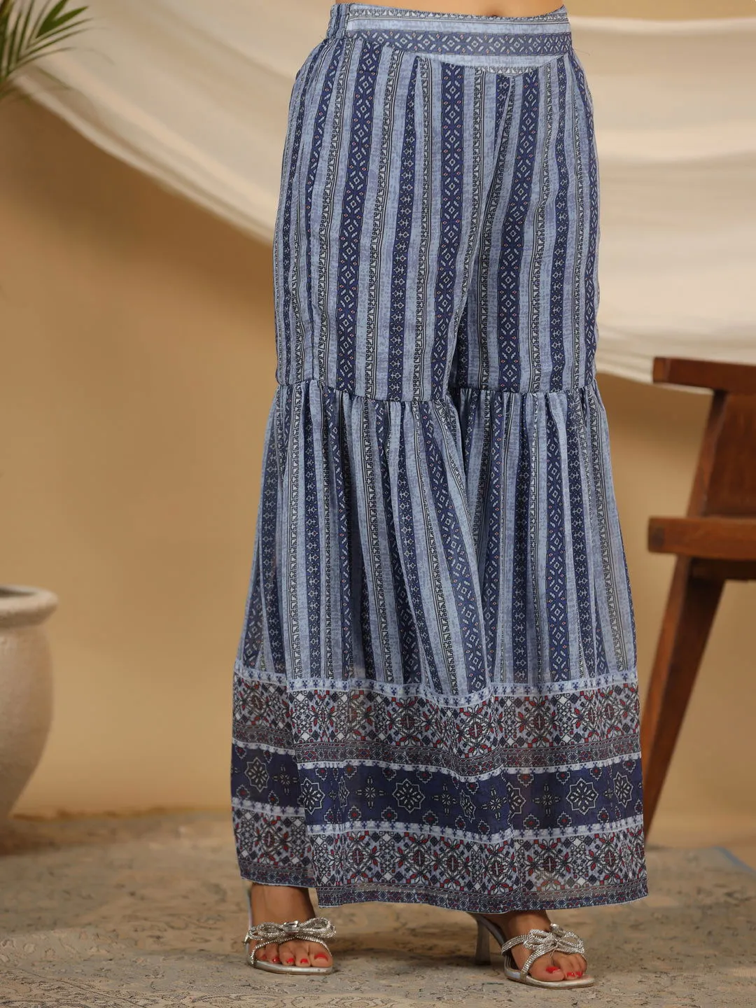 Juniper  Navy Blue Geometric Printed Georgette Gota Kurta Sharara & Dupatta Set With beads & Sequins