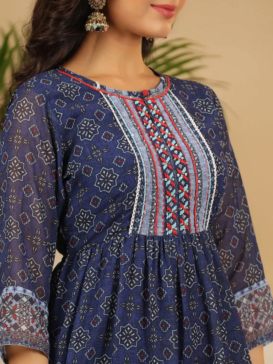 Juniper  Navy Blue Geometric Printed Georgette Gota Kurta Sharara & Dupatta Set With beads & Sequins