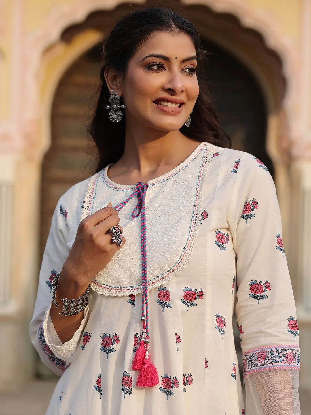 Juniper  Off-White Floral Printed Pure Cotton Lacy Kurta & Pants Set.