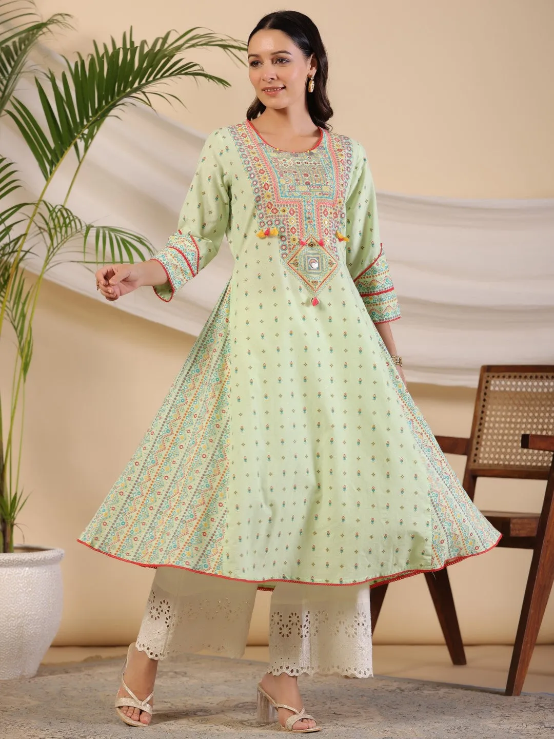 Juniper The Banjara Pure Cotton Sage Green Tribal Print Kurta With Contrast Bead Sequin Kaudis & Tassels