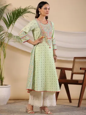 Juniper The Banjara Pure Cotton Sage Green Tribal Print Kurta With Contrast Bead Sequin Kaudis & Tassels