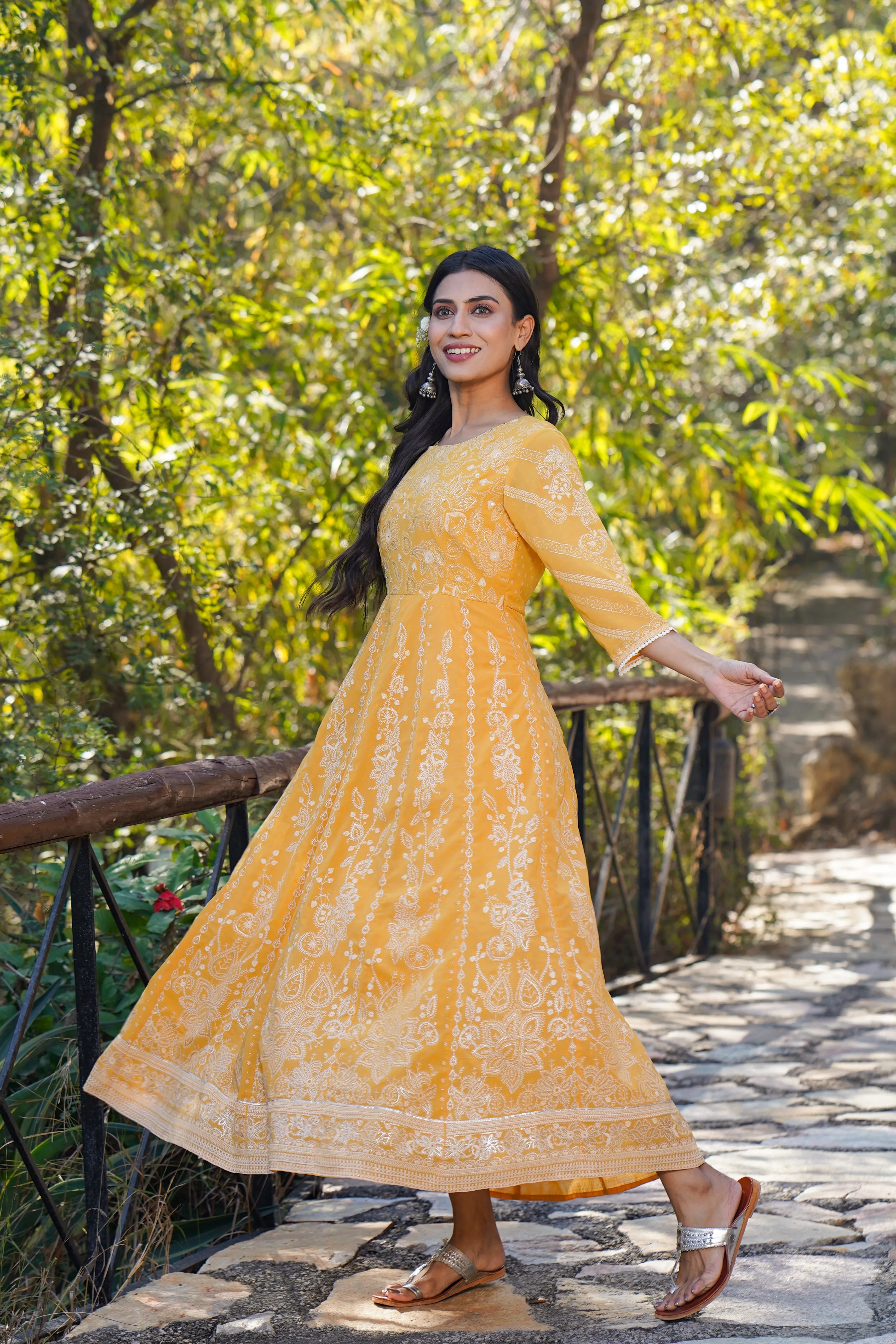 Juniper Yellow Floral Printed Georgette Maxi Dress With Beads Kantha Work & Sequins At Neckline