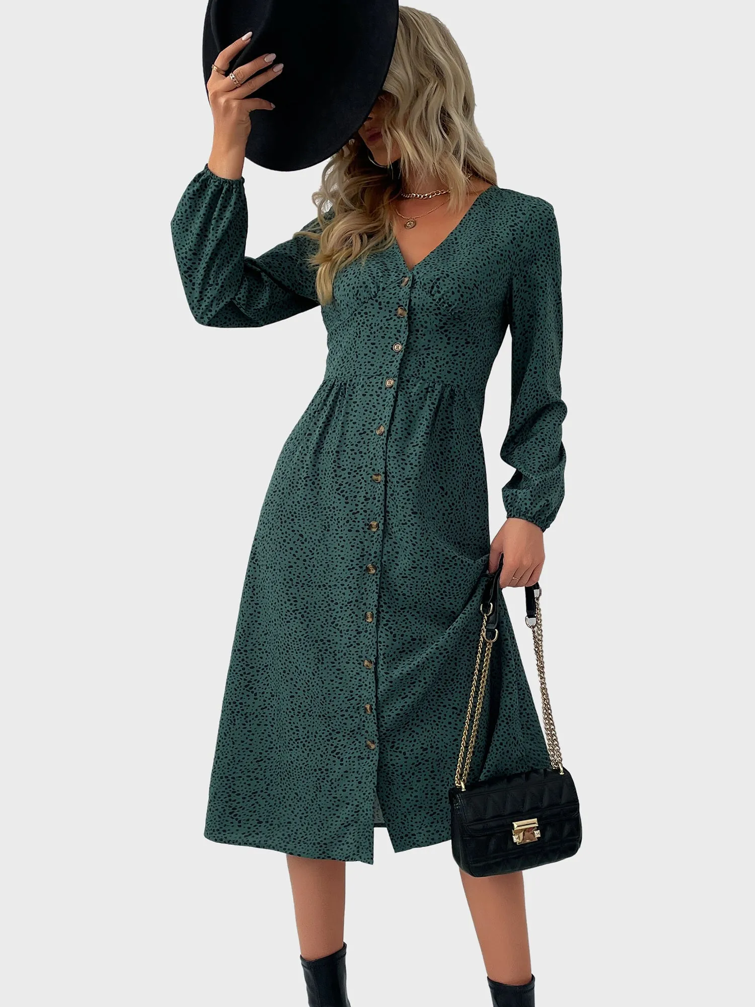 Leopard Printed V-Neck Fitted Button Down Dress