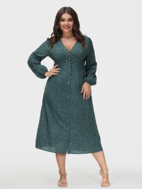 Leopard Printed V-Neck Fitted Button Down Dress