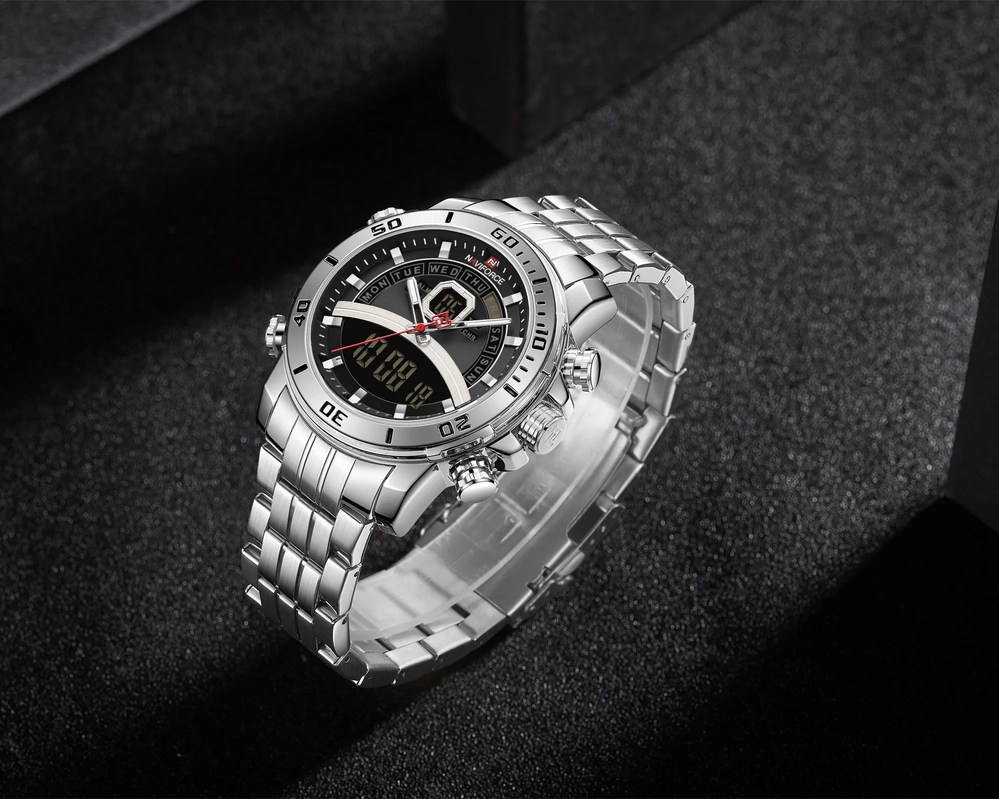 NAVIFORCE Men Luxury Business Sports Digital Quartz Stainless Steel Waterproof Multifunction Watch NF9181S