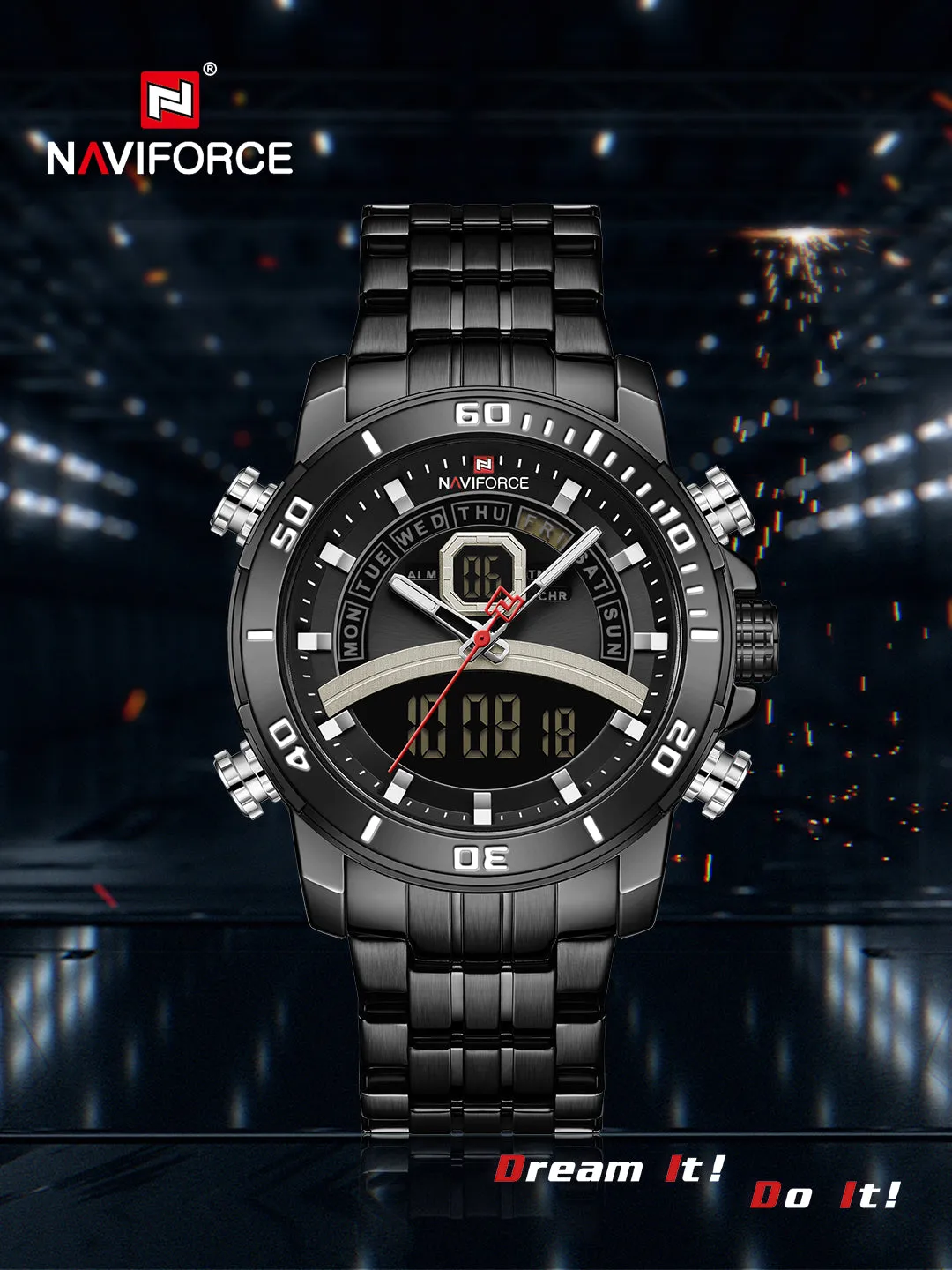 NAVIFORCE Men Luxury Business Sports Digital Quartz Stainless Steel Waterproof Multifunction Watch NF9181S