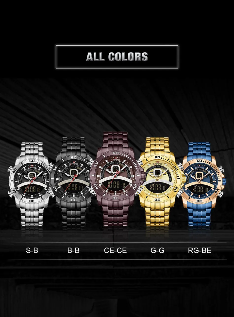 NAVIFORCE Men Luxury Business Sports Digital Quartz Stainless Steel Waterproof Multifunction Watch NF9181S