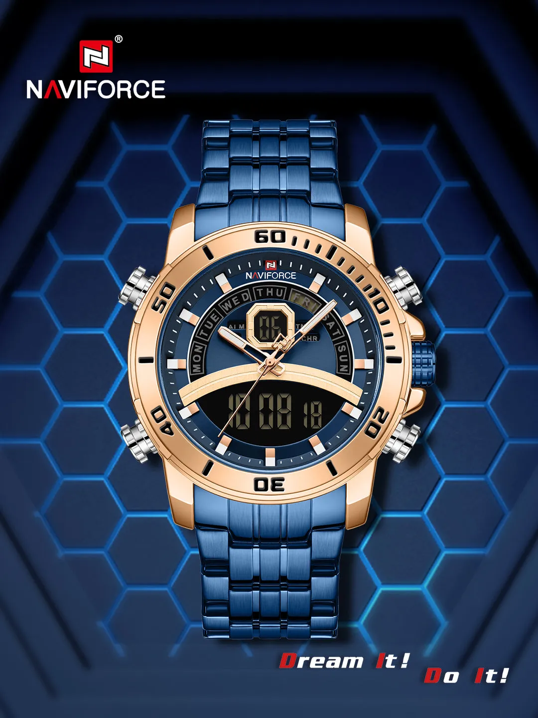 NAVIFORCE Men Luxury Business Sports Digital Quartz Stainless Steel Waterproof Multifunction Watch NF9181S