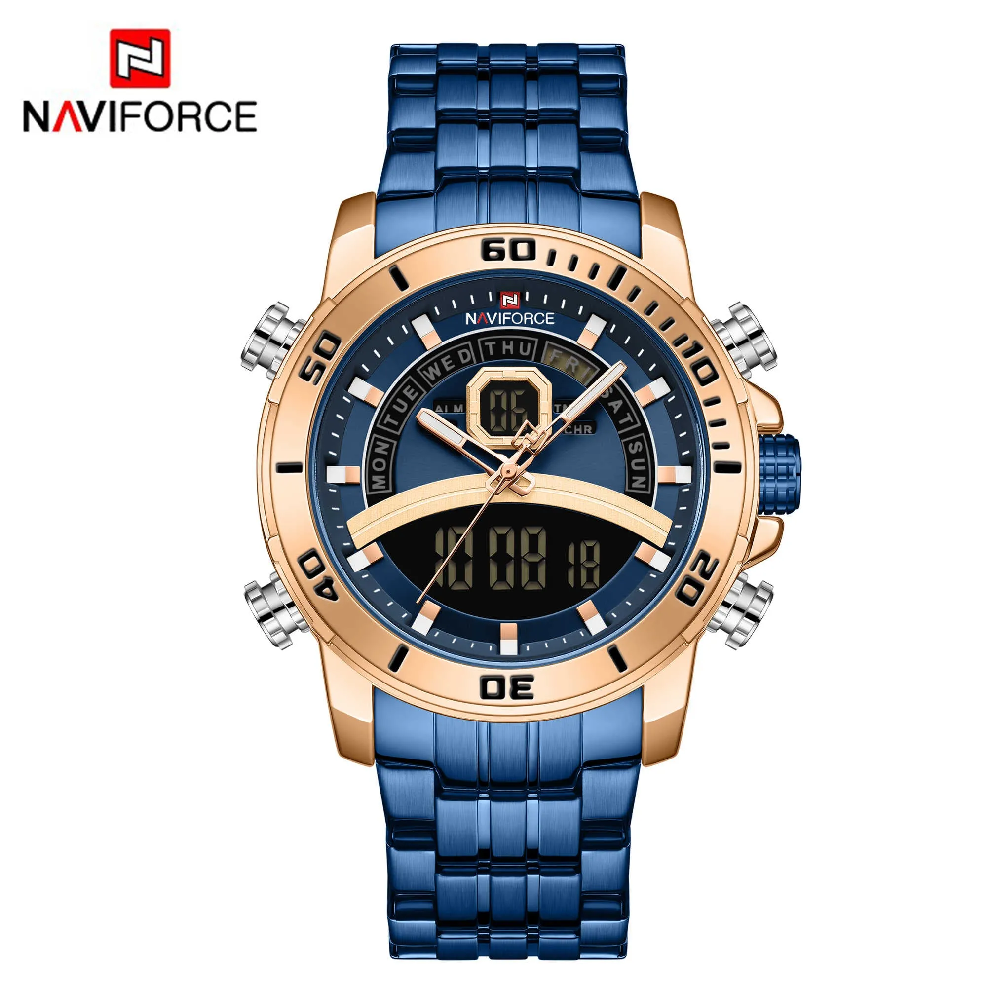 NAVIFORCE Men Luxury Business Sports Digital Quartz Stainless Steel Waterproof Multifunction Watch NF9181S