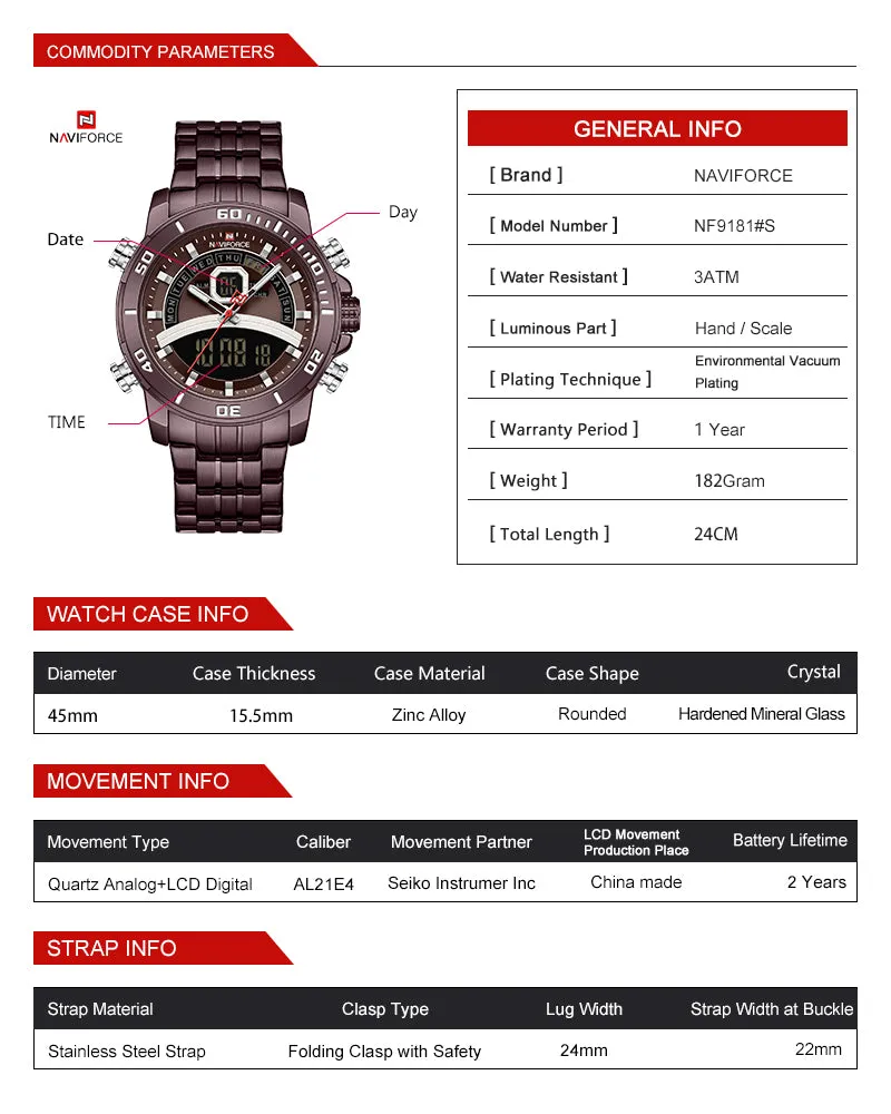 NAVIFORCE Men Luxury Business Sports Digital Quartz Stainless Steel Waterproof Multifunction Watch NF9181S