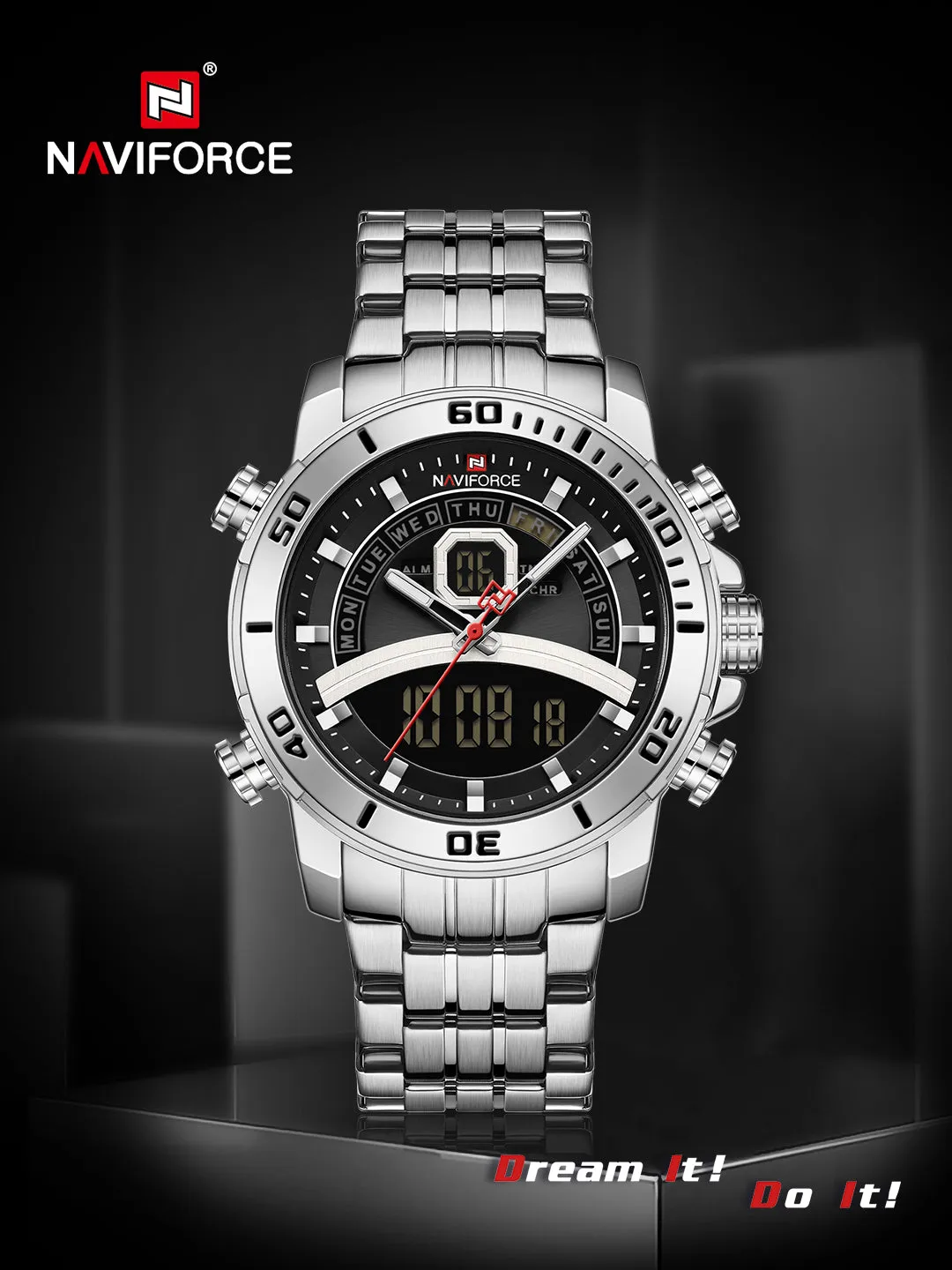 NAVIFORCE Men Luxury Business Sports Digital Quartz Stainless Steel Waterproof Multifunction Watch NF9181S