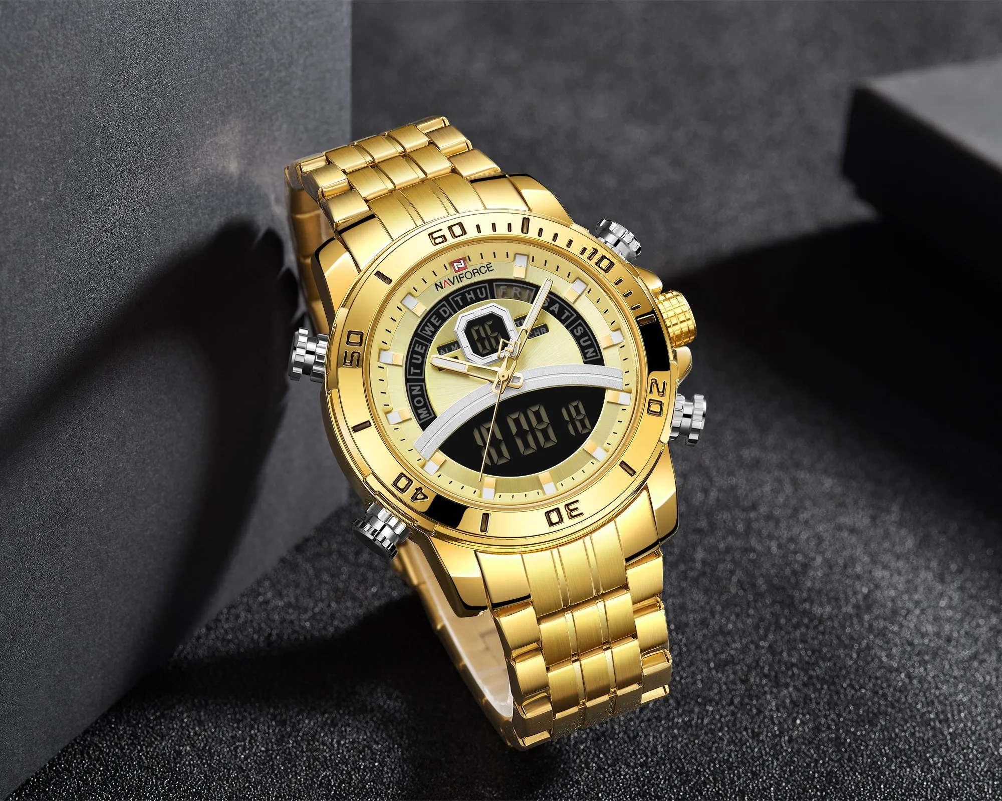 NAVIFORCE Men Luxury Business Sports Digital Quartz Stainless Steel Waterproof Multifunction Watch NF9181S