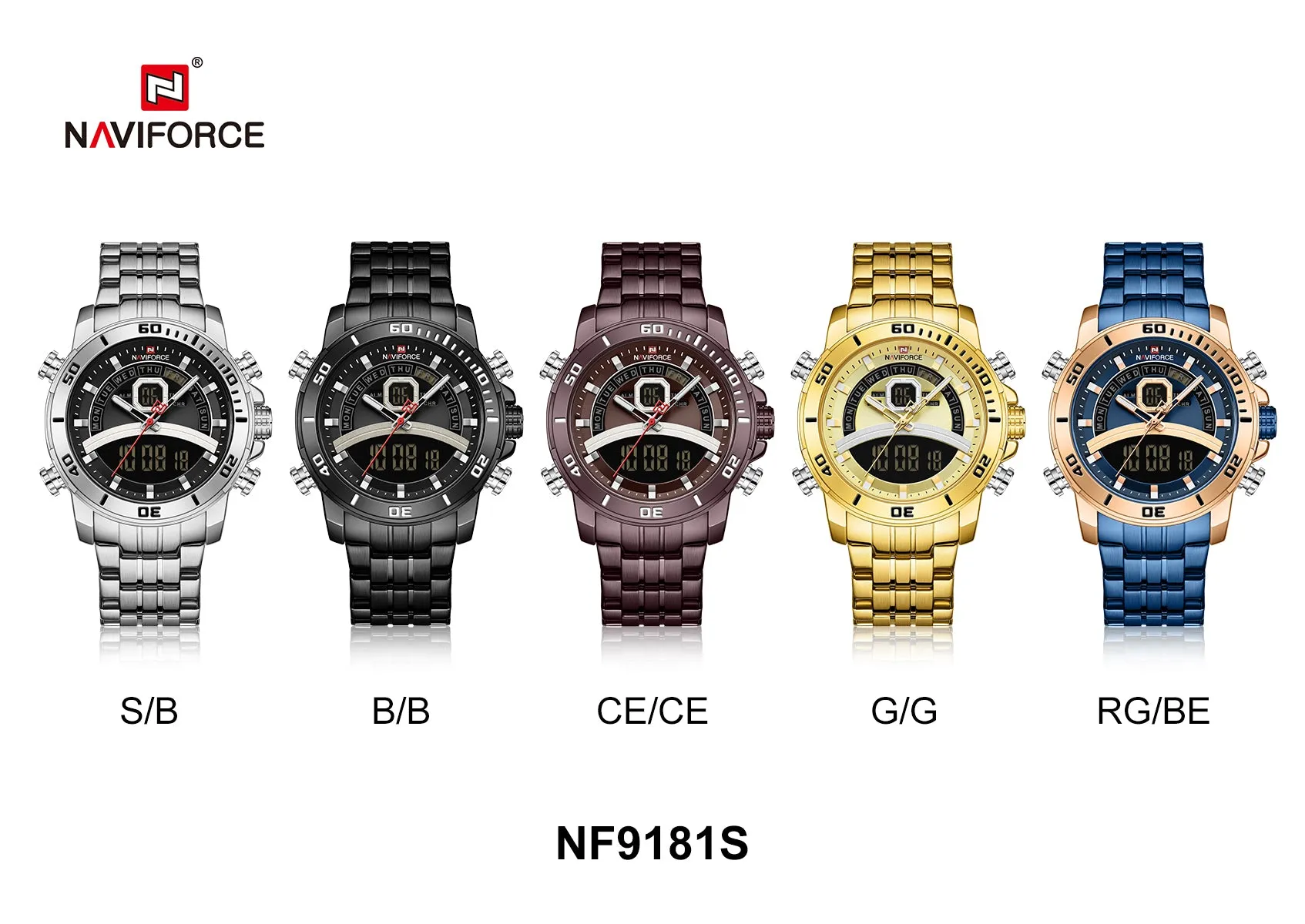 NAVIFORCE Men Luxury Business Sports Digital Quartz Stainless Steel Waterproof Multifunction Watch NF9181S