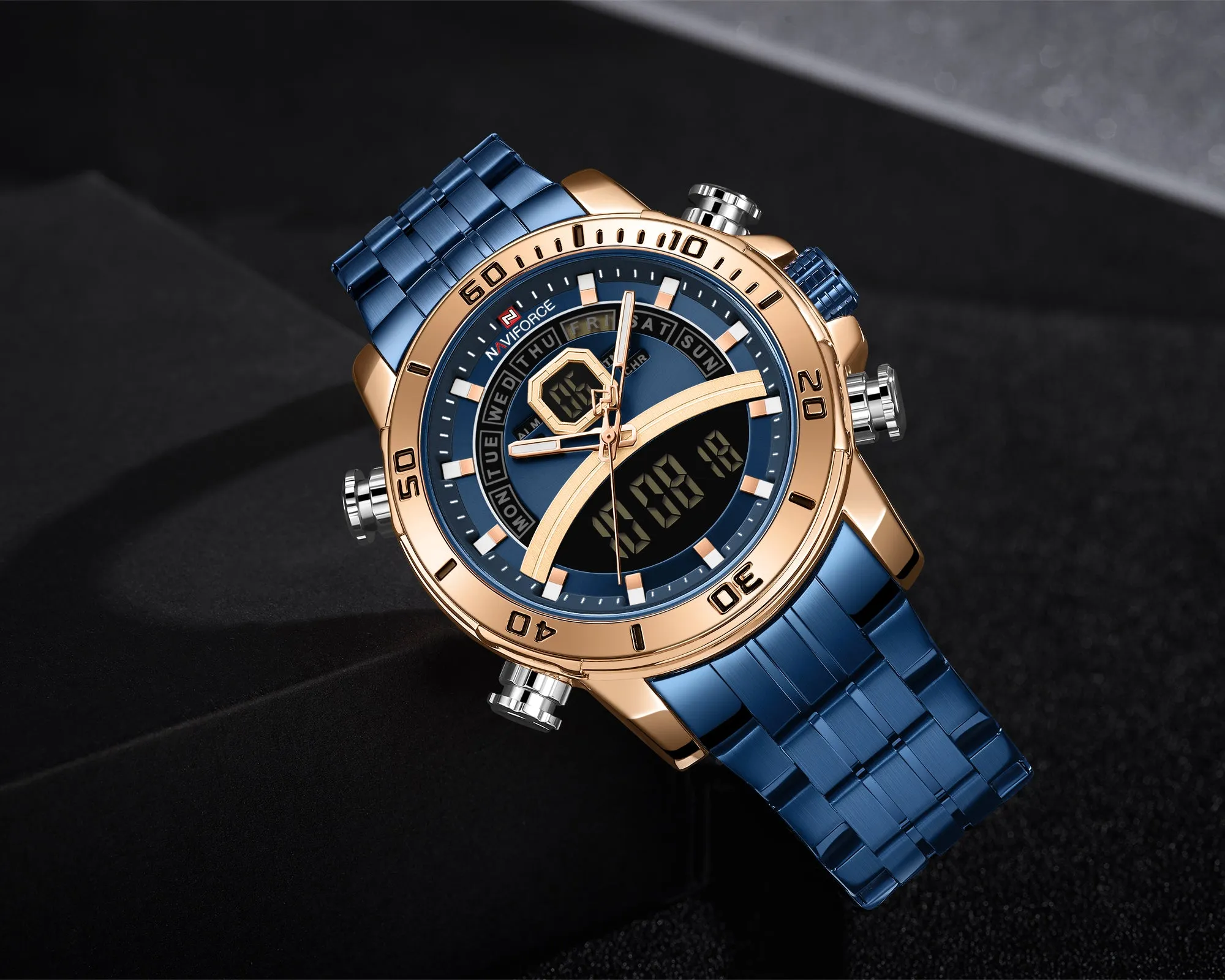 NAVIFORCE Men Luxury Business Sports Digital Quartz Stainless Steel Waterproof Multifunction Watch NF9181S