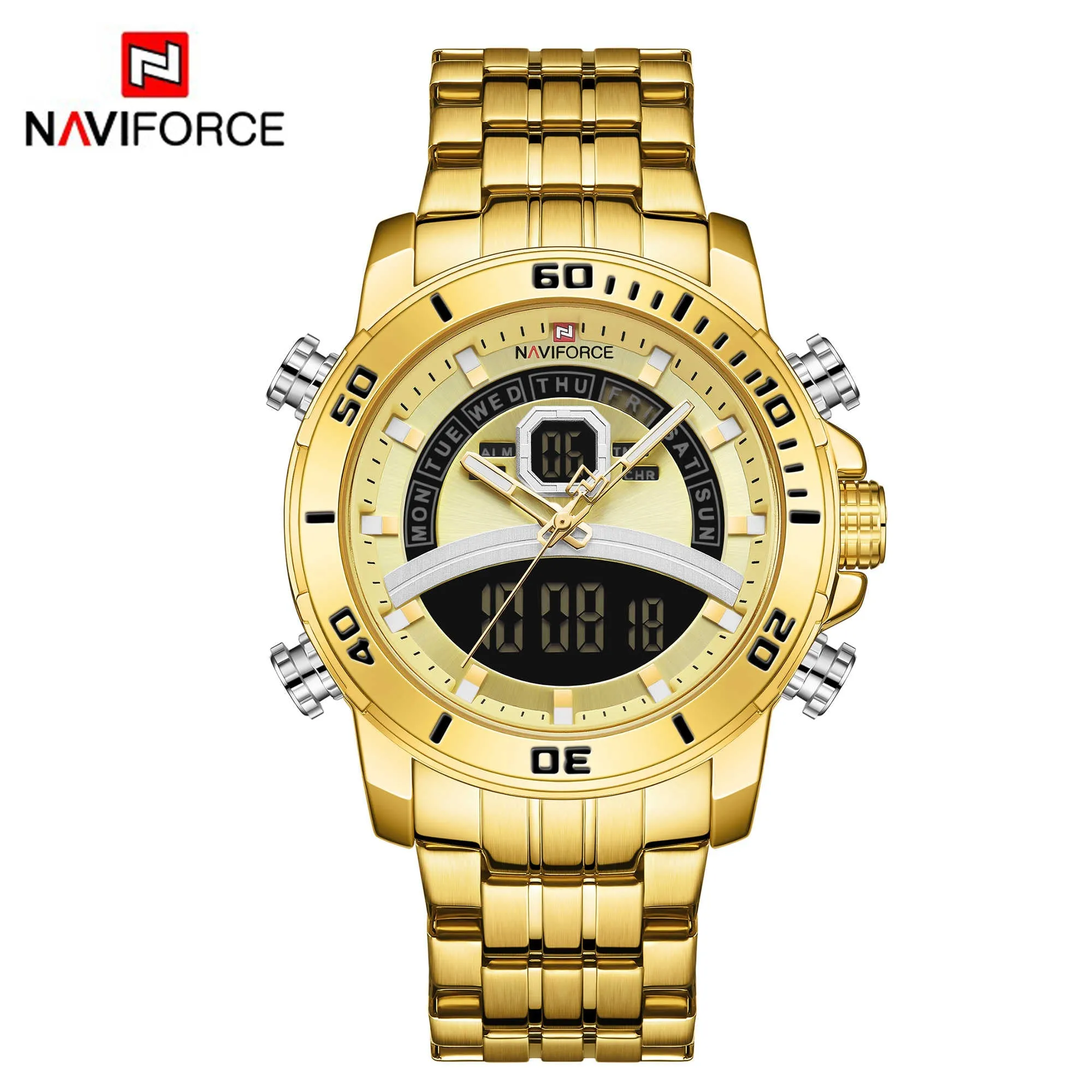 NAVIFORCE Men Luxury Business Sports Digital Quartz Stainless Steel Waterproof Multifunction Watch NF9181S