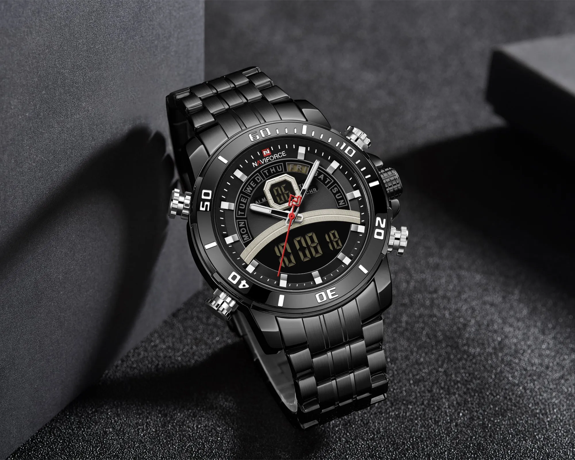 NAVIFORCE Men Luxury Business Sports Digital Quartz Stainless Steel Waterproof Multifunction Watch NF9181S