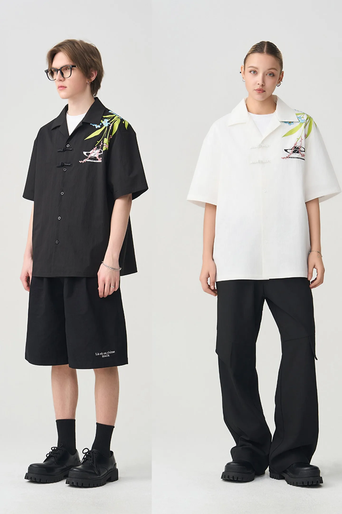 New Chinese Style Shoulder Floral Embroidery Print Short-Sleeved Shirt