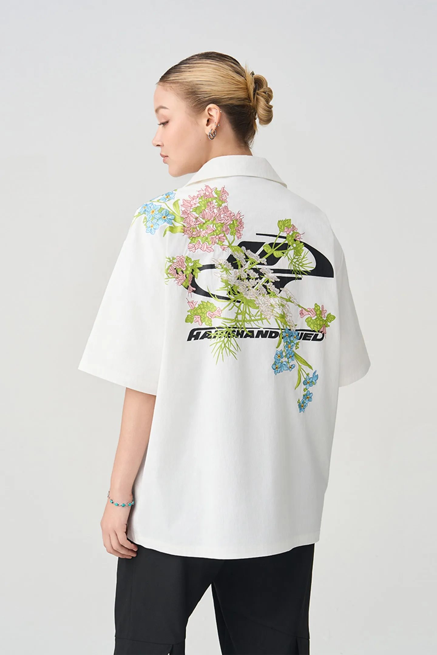 New Chinese Style Shoulder Floral Embroidery Print Short-Sleeved Shirt