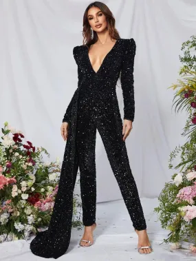 Plunging Neck Long Sleeve Sequin Formal Jumpsuit