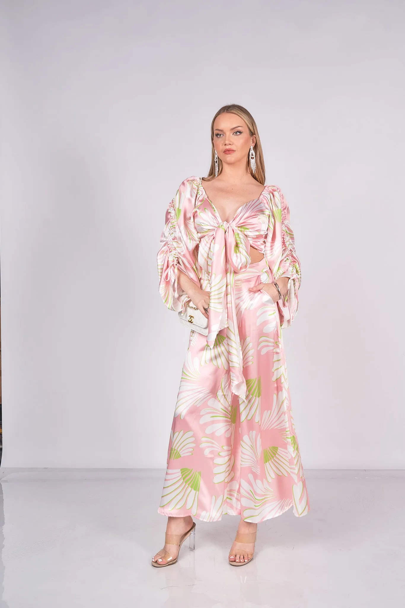 Printed Satin Top and Pants Set