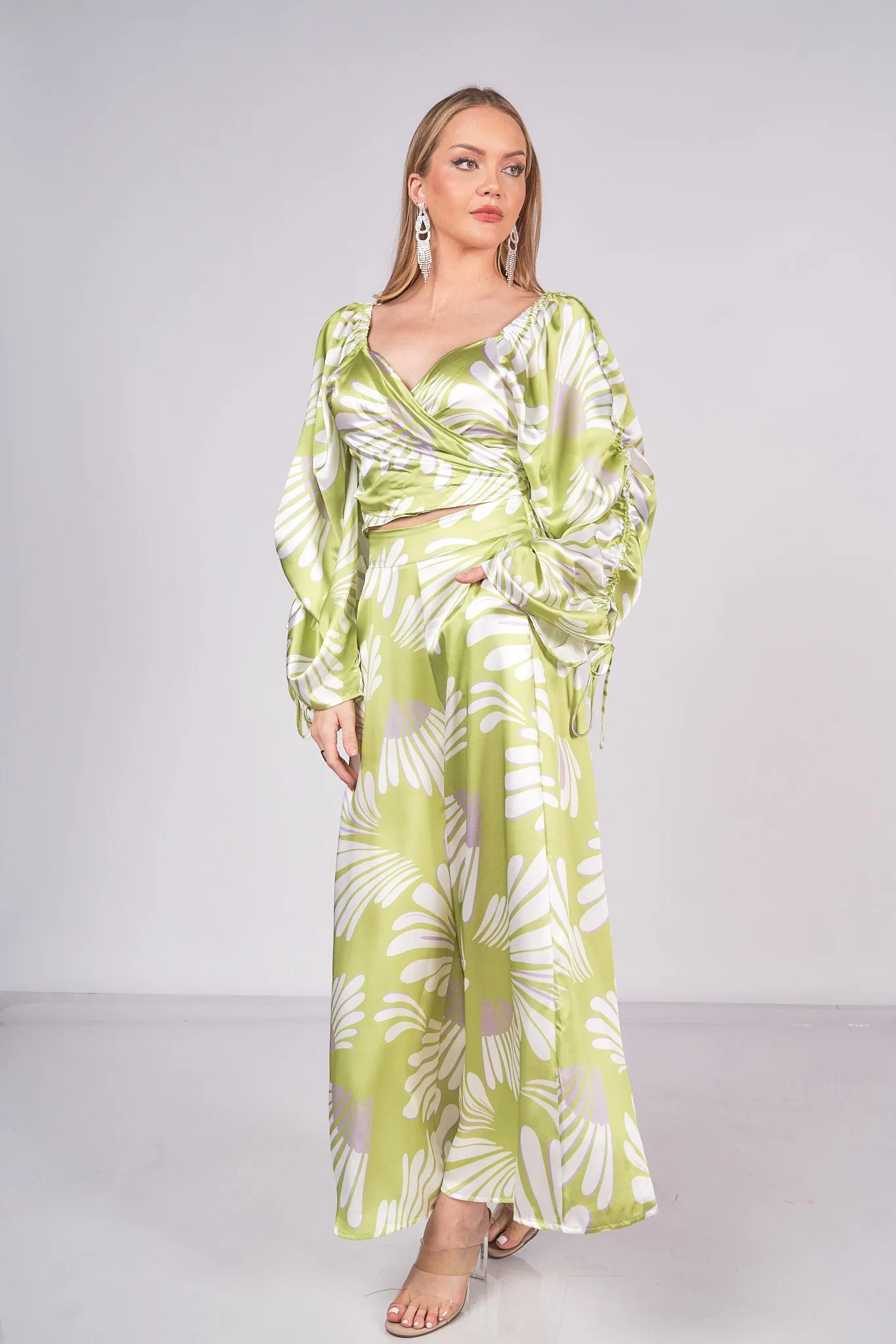 Printed Satin Top and Pants Set