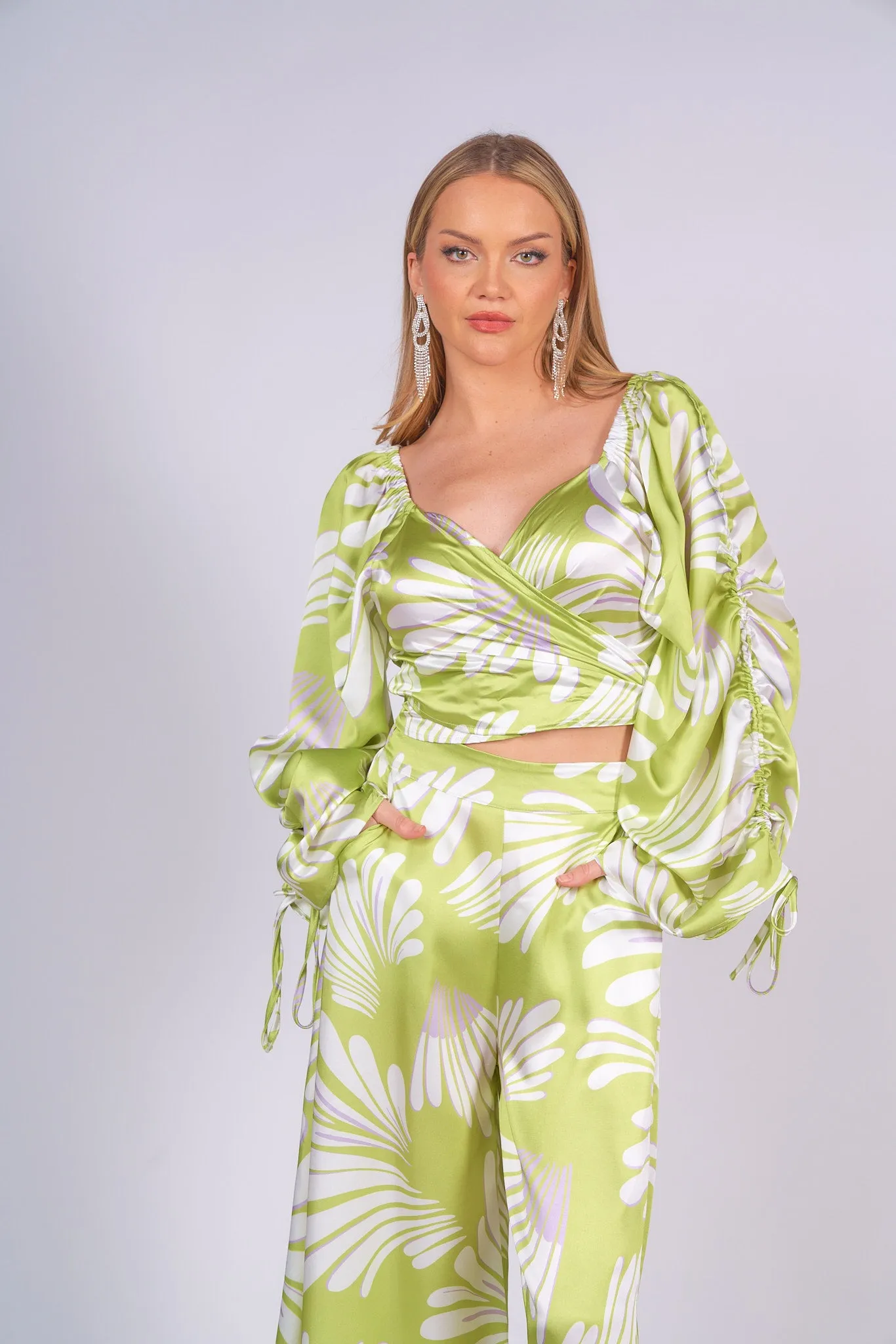 Printed Satin Top and Pants Set