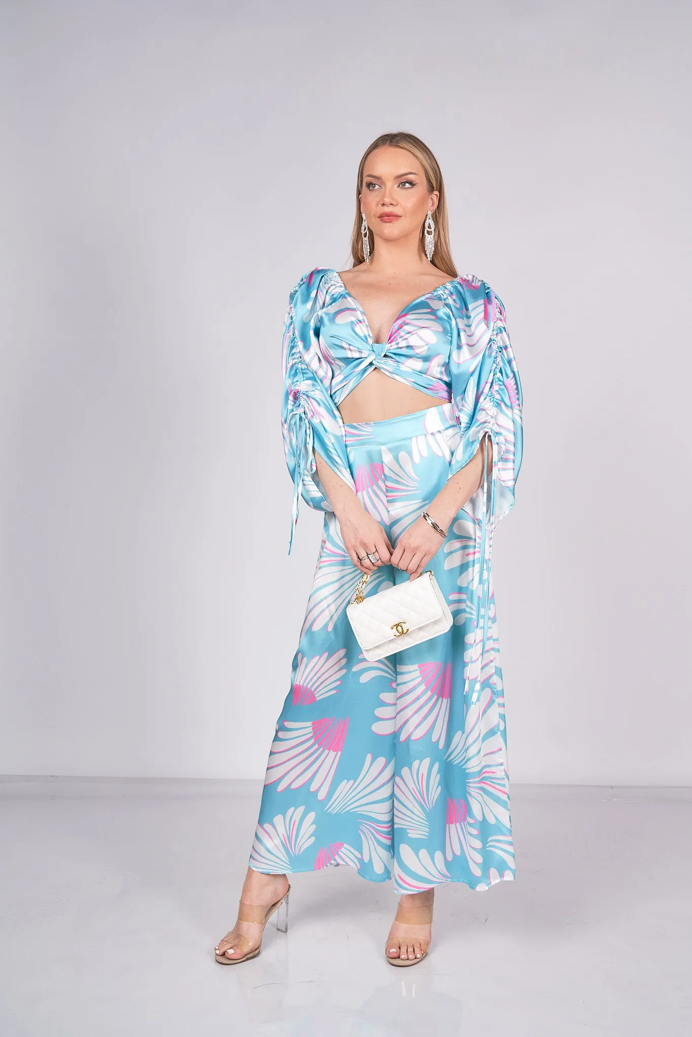 Printed Satin Top and Pants Set