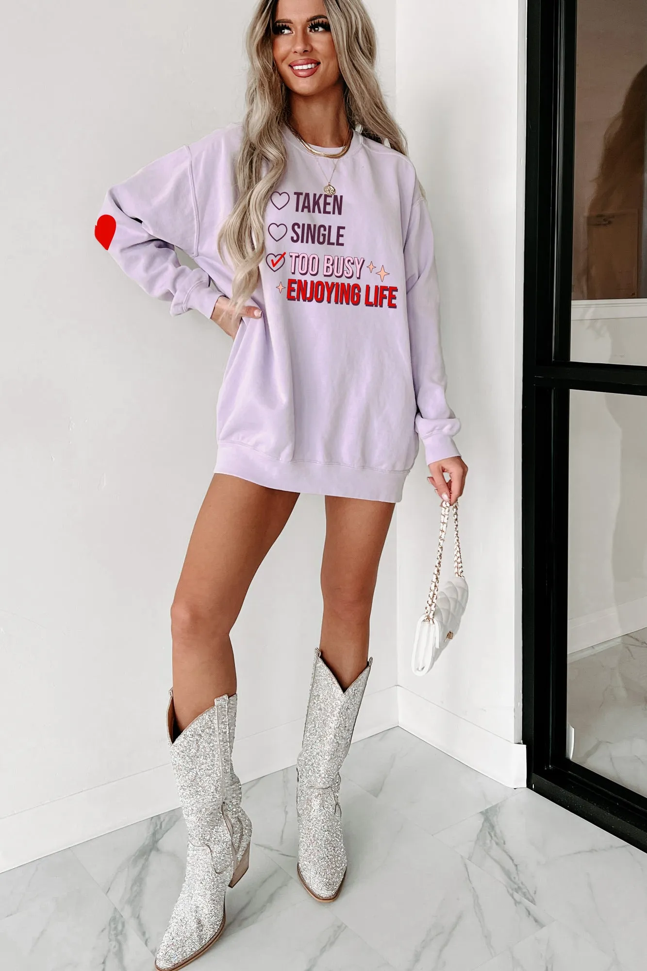 "Too Busy Enjoying Life" Graphic Crewneck (Orchid) - Print On Demand