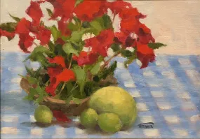 RED FLOWERS & APPLES By William Ternes (1933 – 2014) - Floral and Fruit Painting