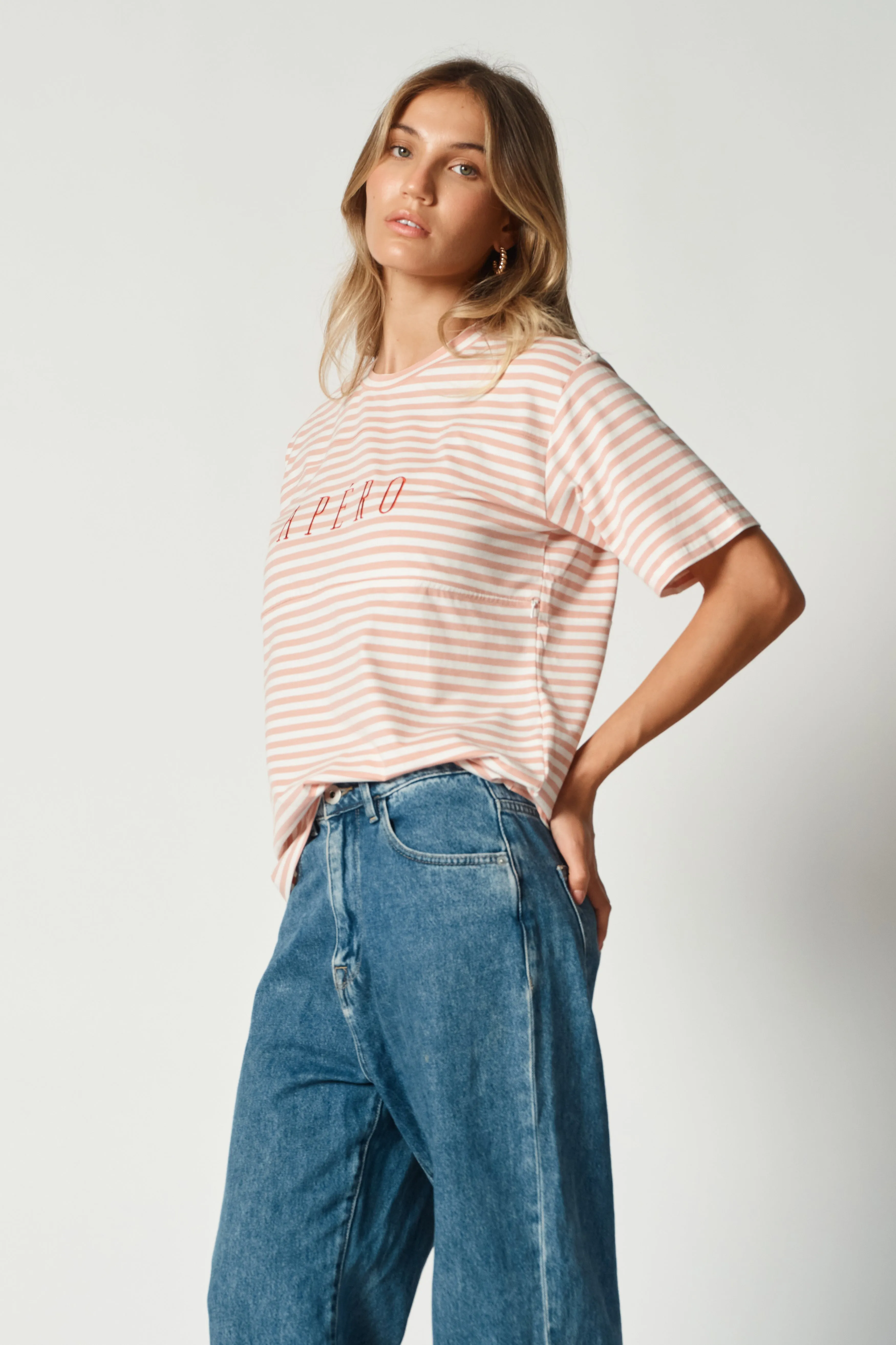 Riviera Stripe Panel Tee - Pink / White / Red