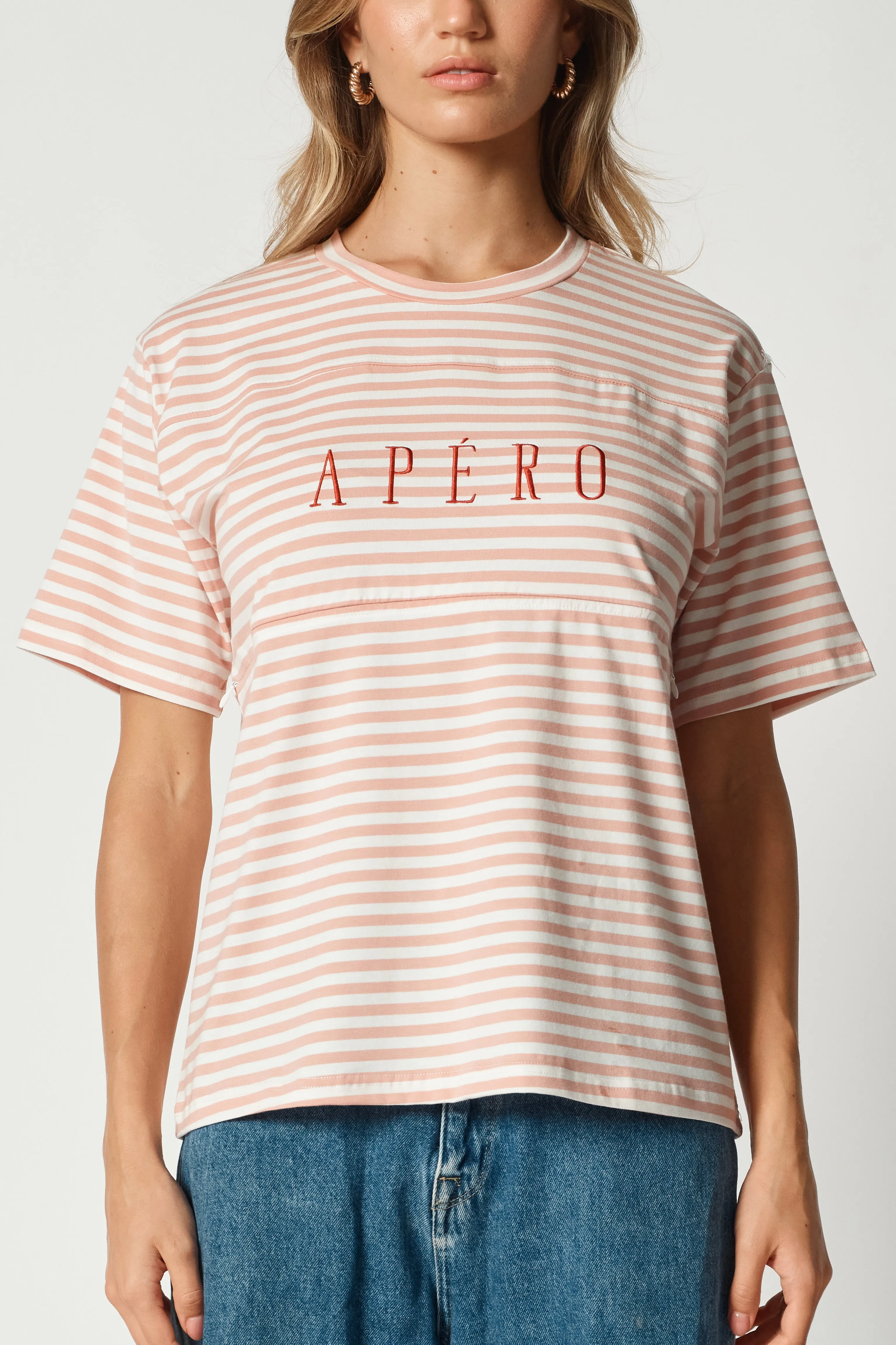 Riviera Stripe Panel Tee - Pink / White / Red