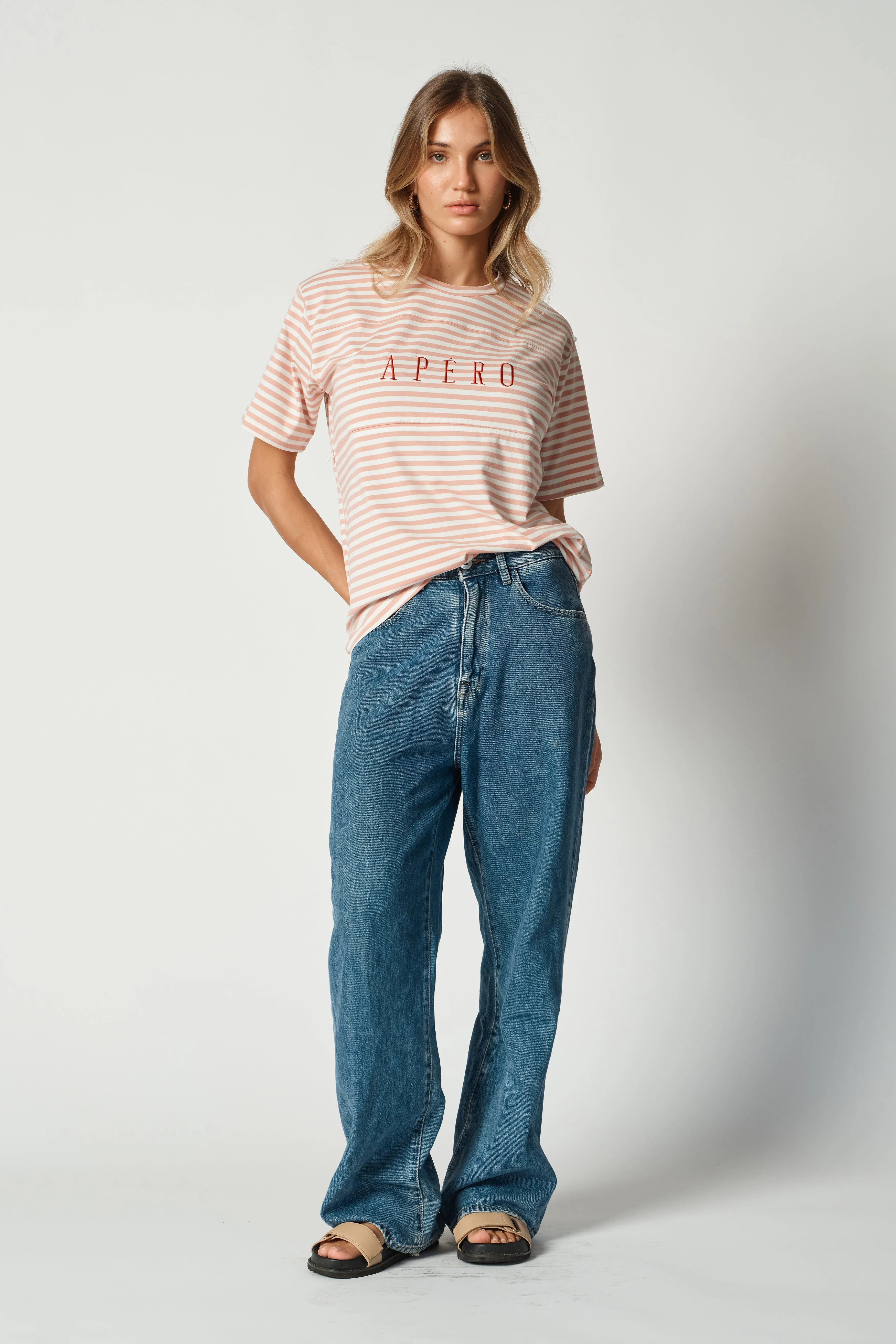 Riviera Stripe Panel Tee - Pink / White / Red