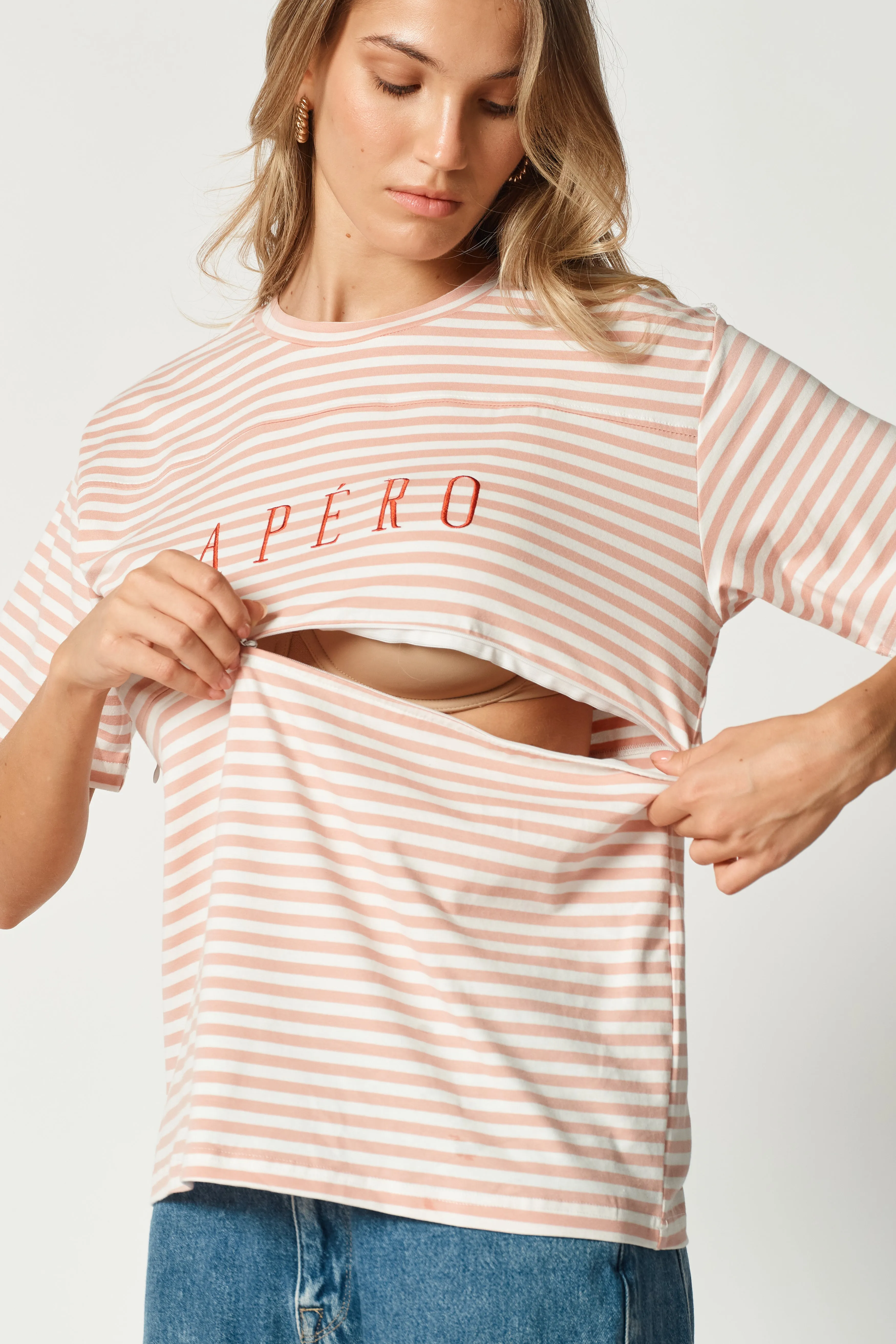 Riviera Stripe Panel Tee - Pink / White / Red