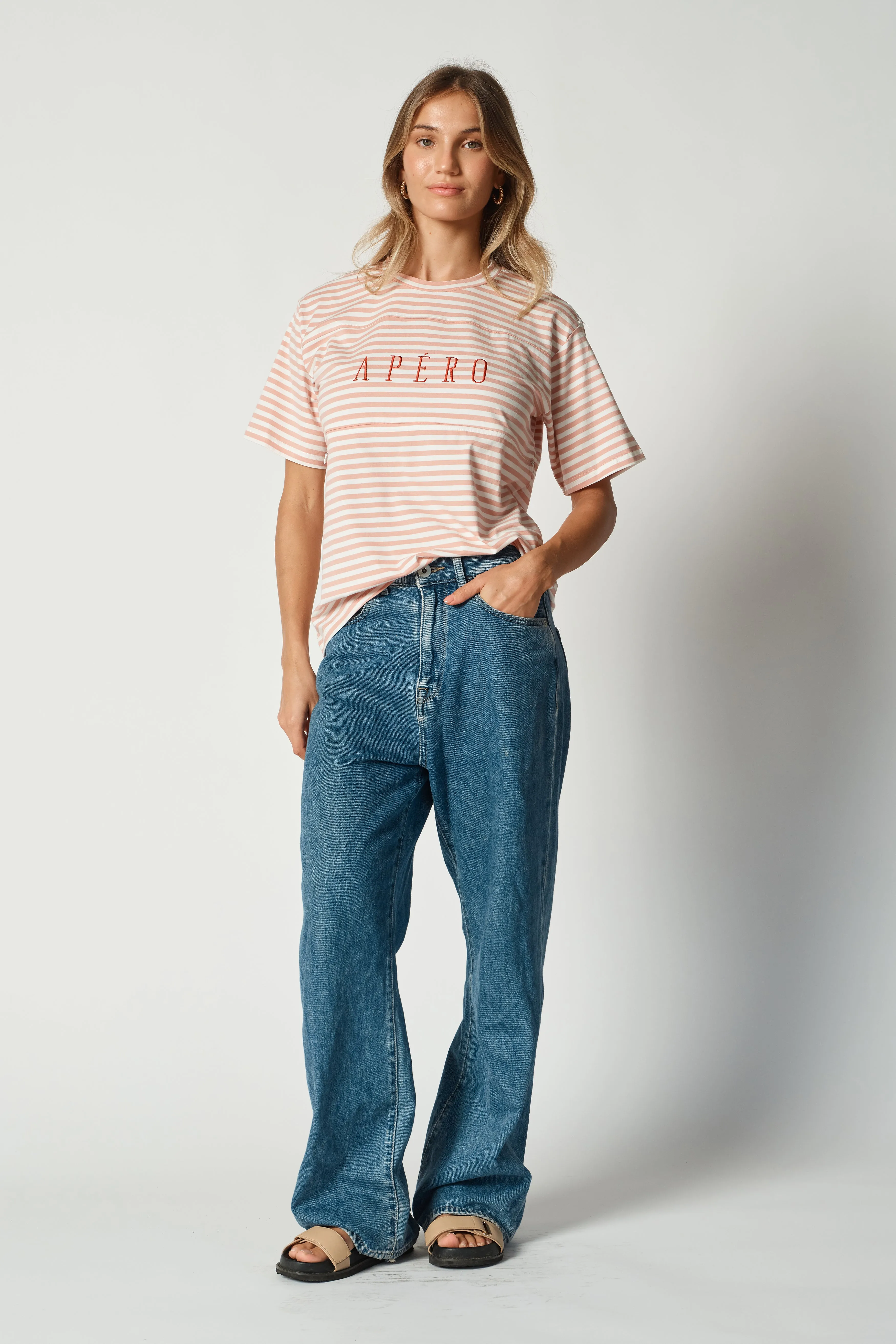 Riviera Stripe Panel Tee - Pink / White / Red