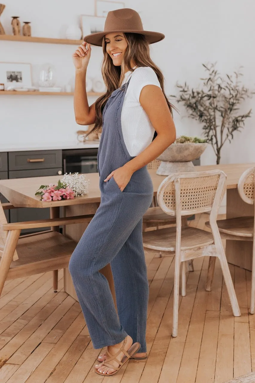 Seam Detail Faded Navy Crinkle Overalls