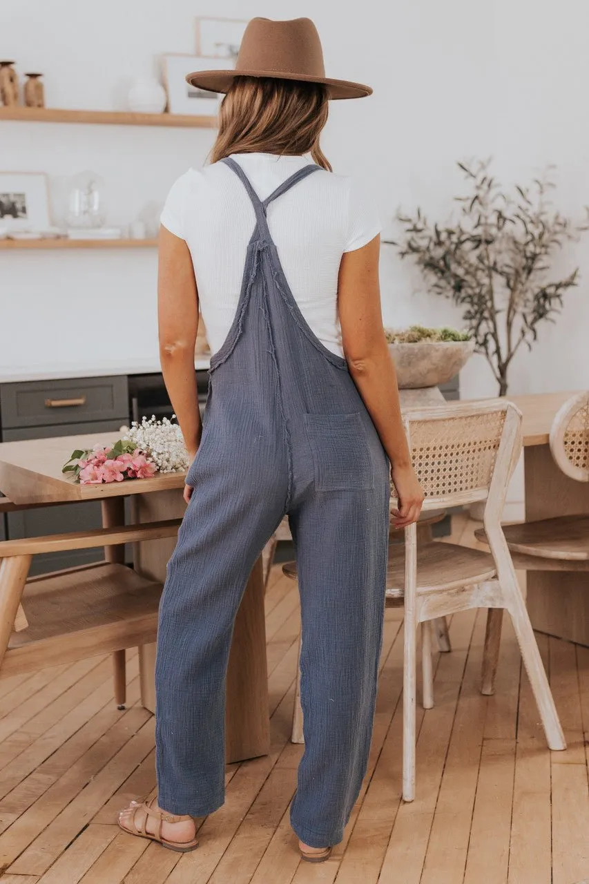 Seam Detail Faded Navy Crinkle Overalls