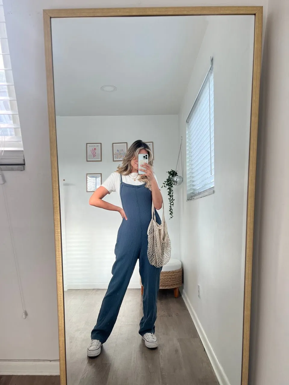 Seam Detail Faded Navy Crinkle Overalls